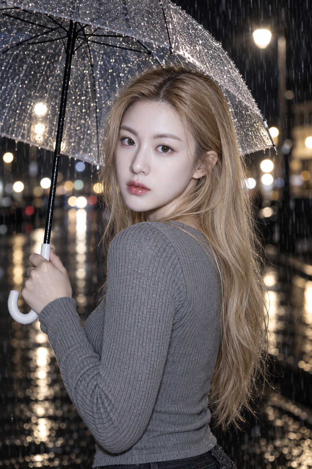 비 오는 밤 플래시 아래 투명 우산을 든 성인 여성의 뒤돌아보는 초상 — AI image creation