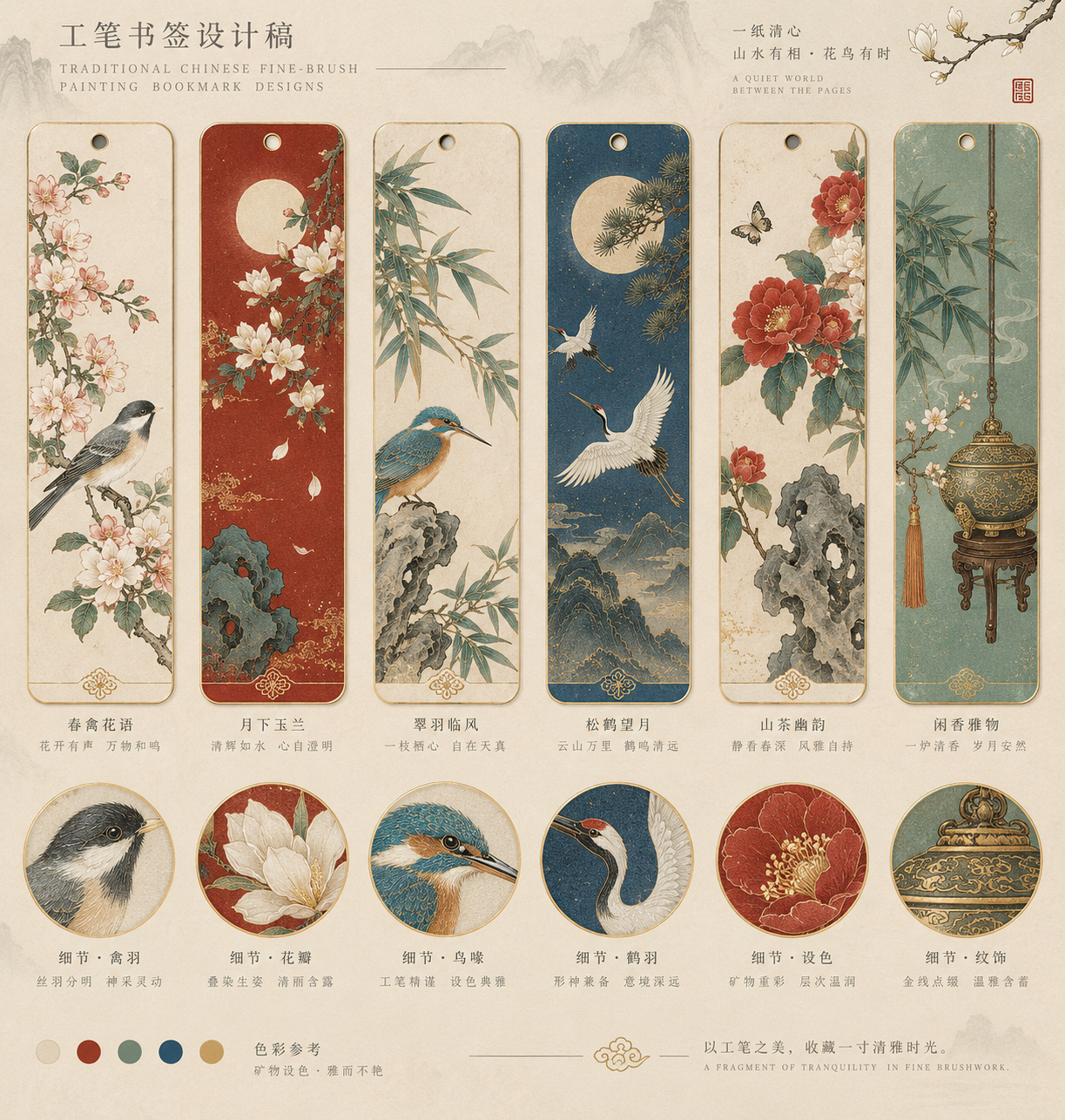 工笔画书签系列设计稿 — AI image creation