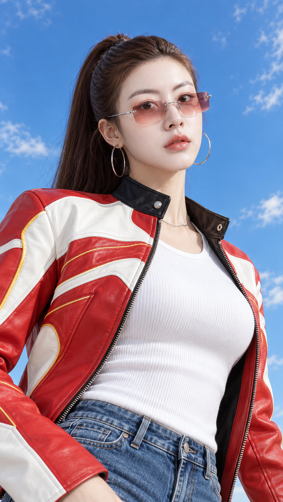 蓝天下的复古赛车风成年女性时装人像 — AI image creation