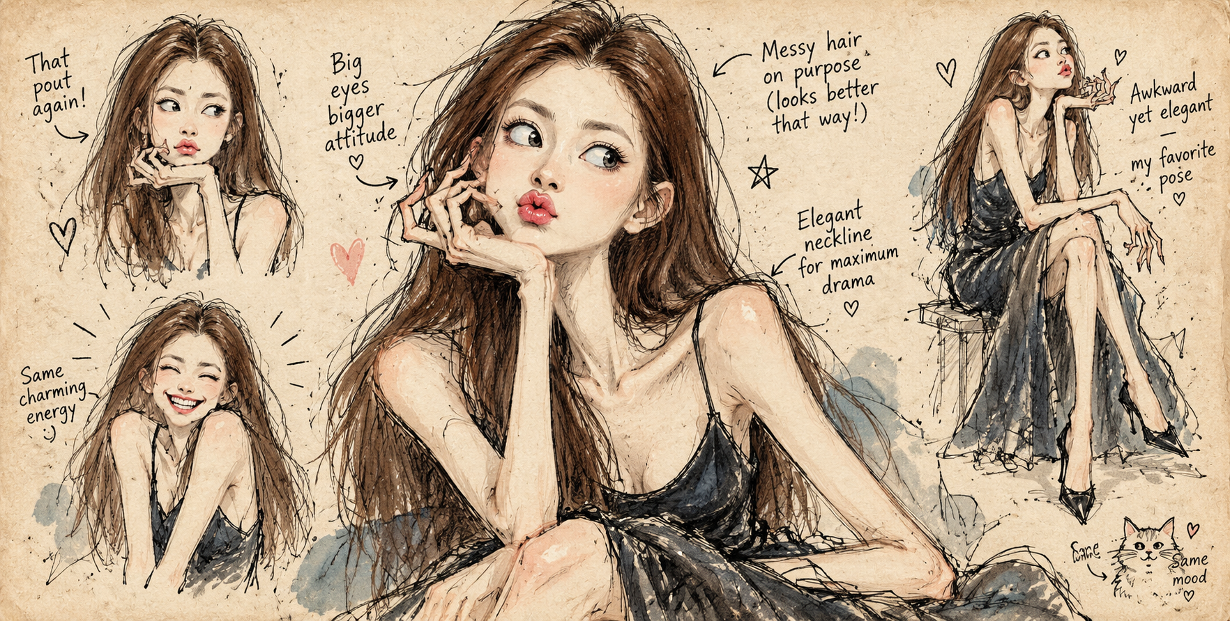 成年女性荒诞幽默时尚漫画速写 — AI image creation
