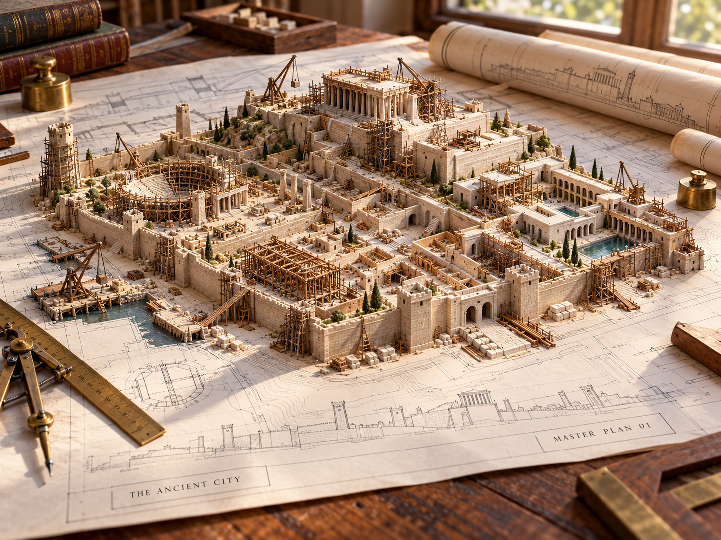 建筑蓝图上的古城建造过程微缩模型 — AI image creation