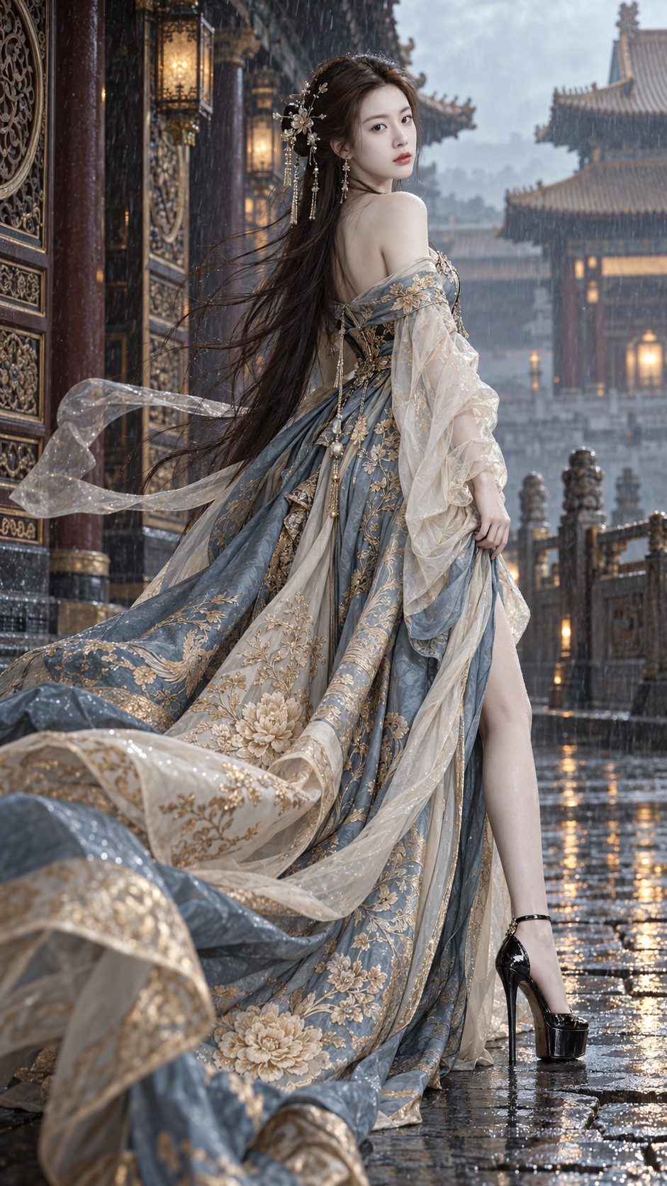 雨中故宫忧郁贵妇人像 — AI image creation