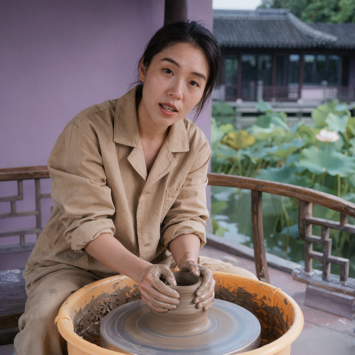Nữ nghệ nhân gốm Đông Á trưởng thành · Bàn xoay quay tít · Chất liệu máy ảnh khổ trung
