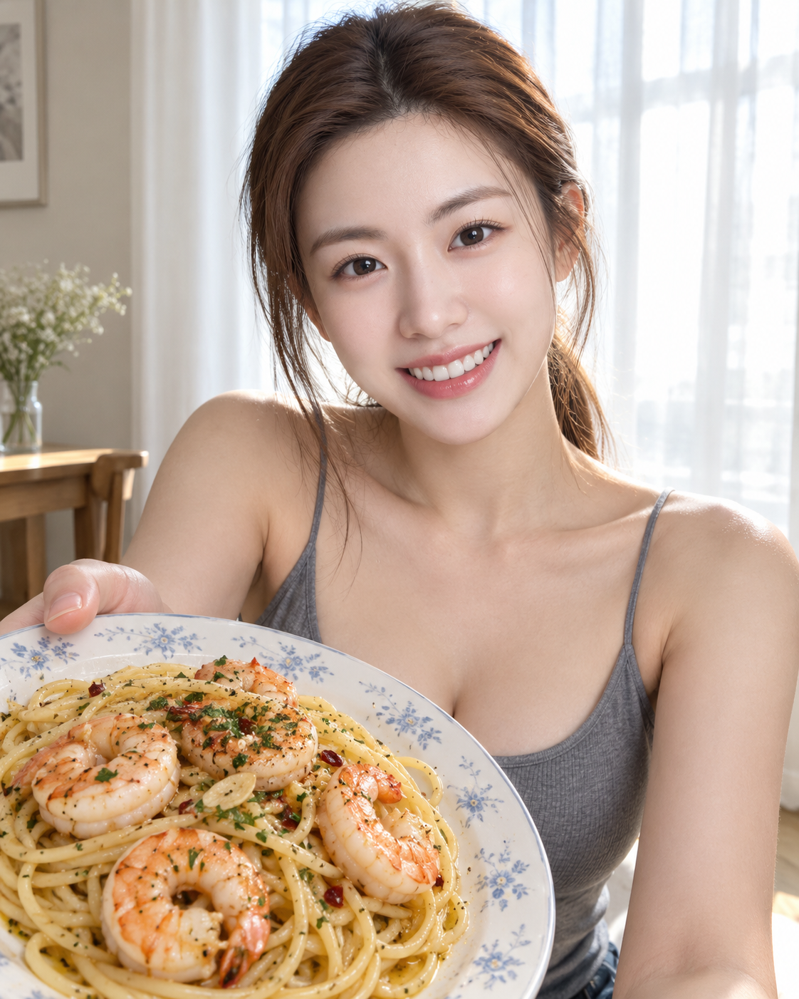 室内端着意大利面的年轻女性肖像