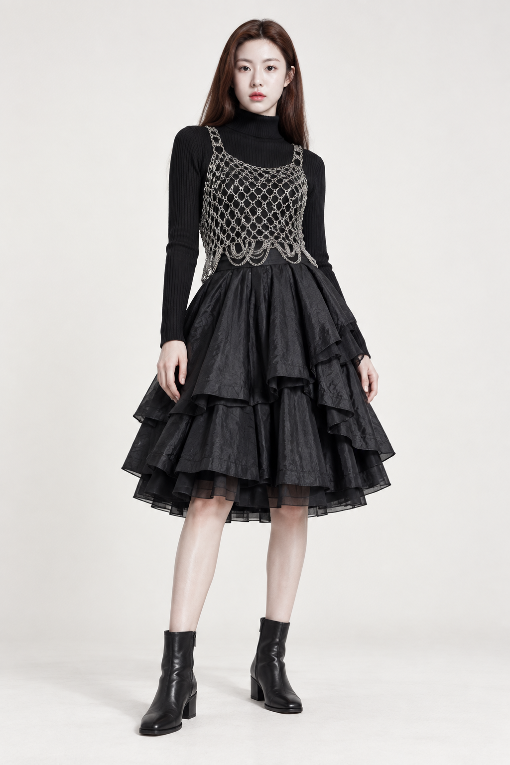 Silver Mesh Layered Black Skirt Adult Fashion Portrait — AI image creation