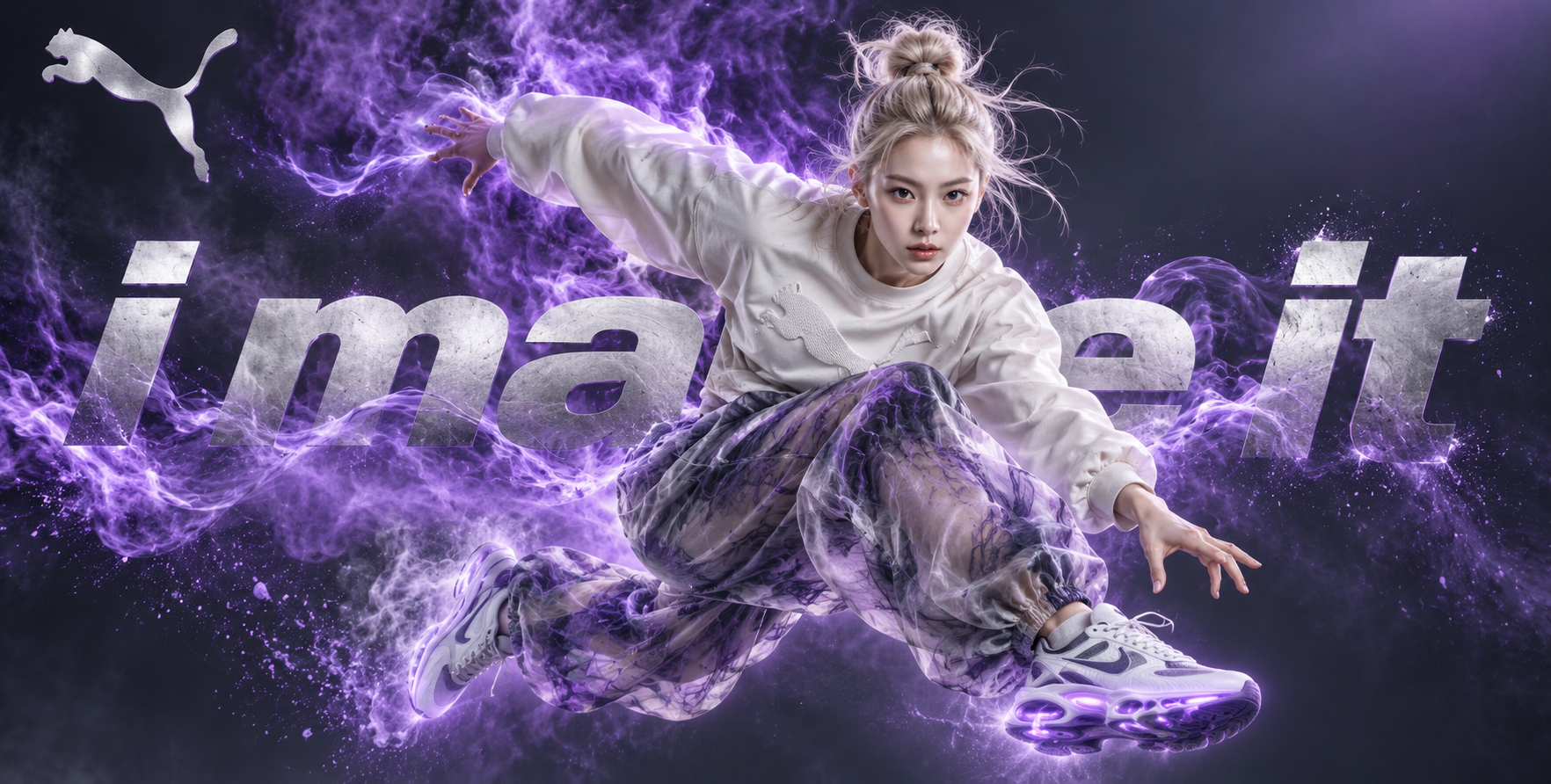 电紫烟雾中的飞跃运动女性 — AI image creation