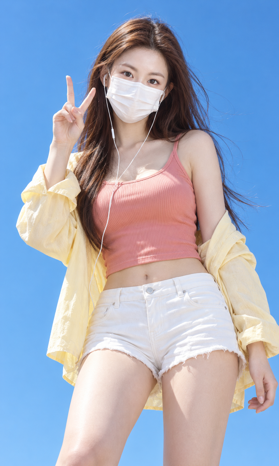 맑은 하늘 아래 마스크를 쓴 활기찬 인물 사진