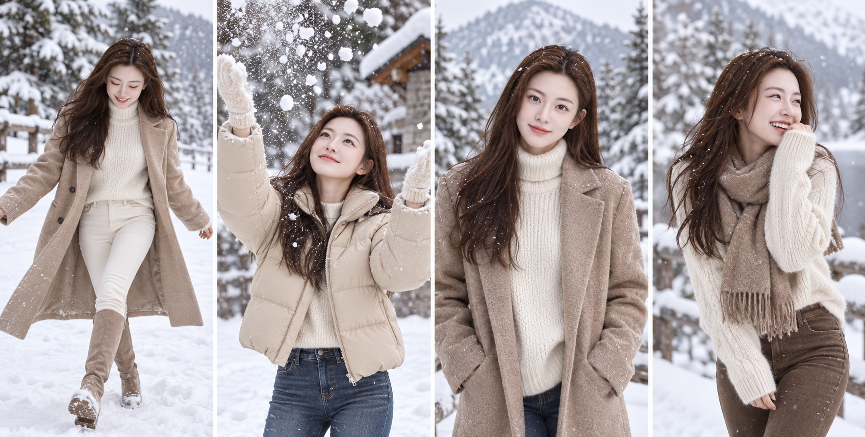 雪景中俏皮灵动的土耳其女性冬日四宫格 — AI image creation