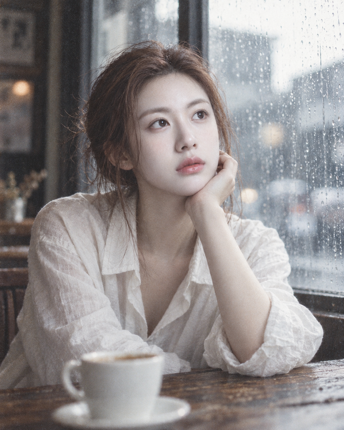 韩国独立电影感胶片风雨天咖啡馆忧郁少女 — AI image creation