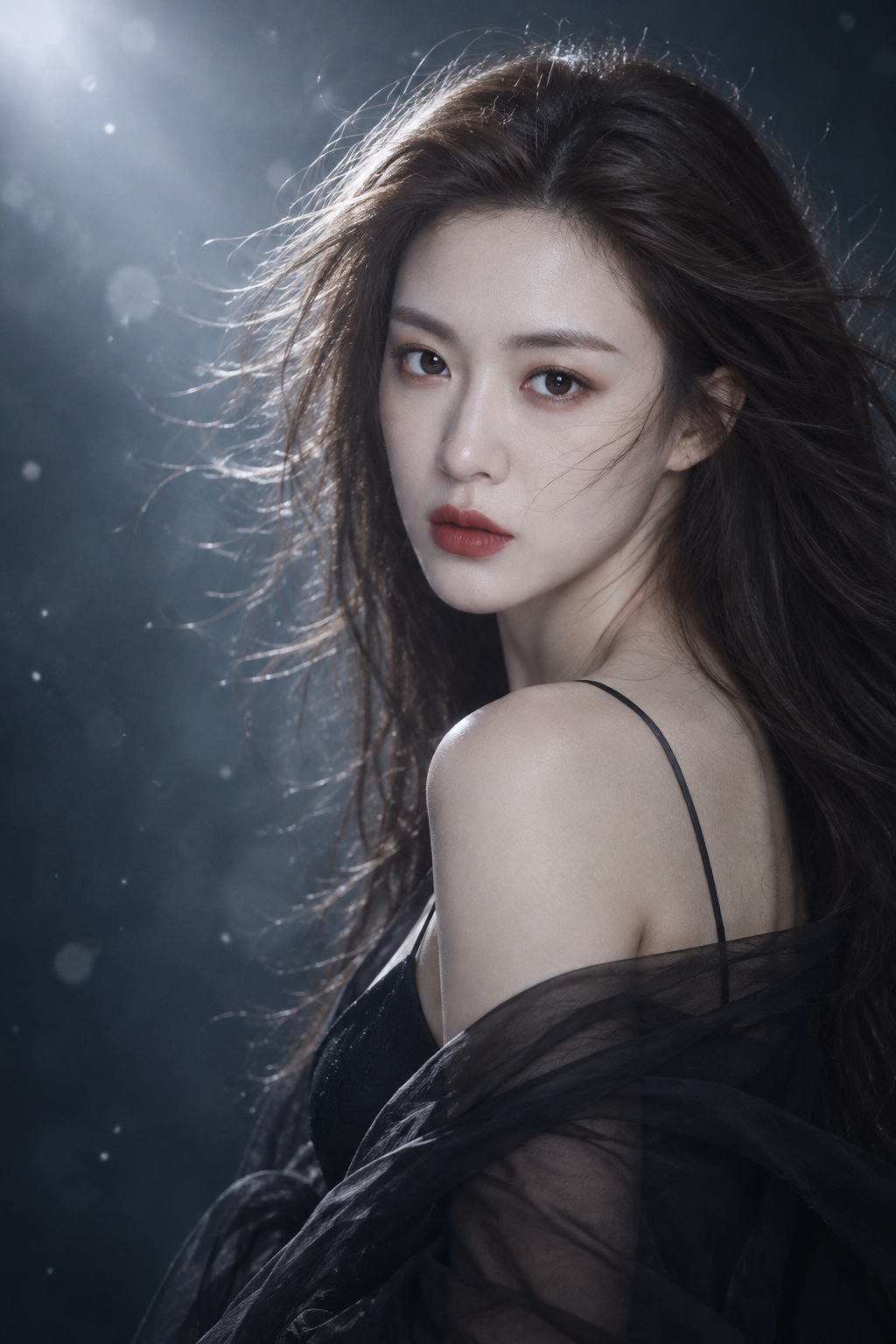 바람에 흩날리는 머리카락과 냉온의 외로운 그림자 인물화