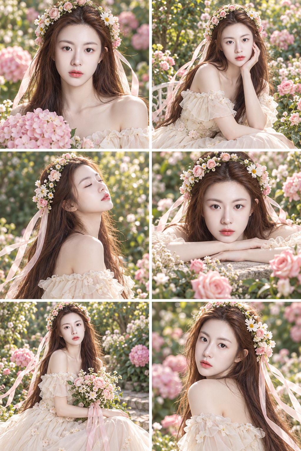 梦幻花园成年女性六格水彩时尚拼贴 — AI image creation