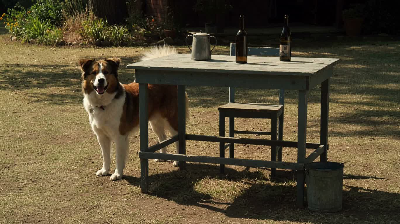 テーブルの脇から正面へ走る犬