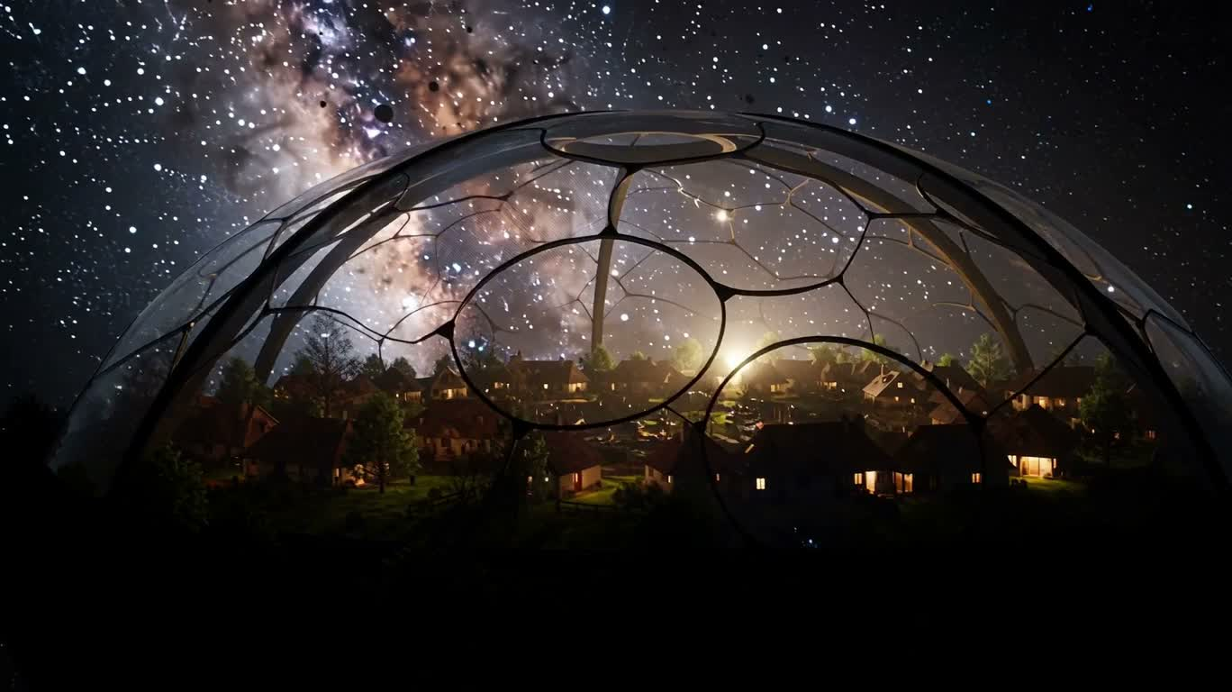 星空のガラスドームの下に浮かぶ村 — AI video creation