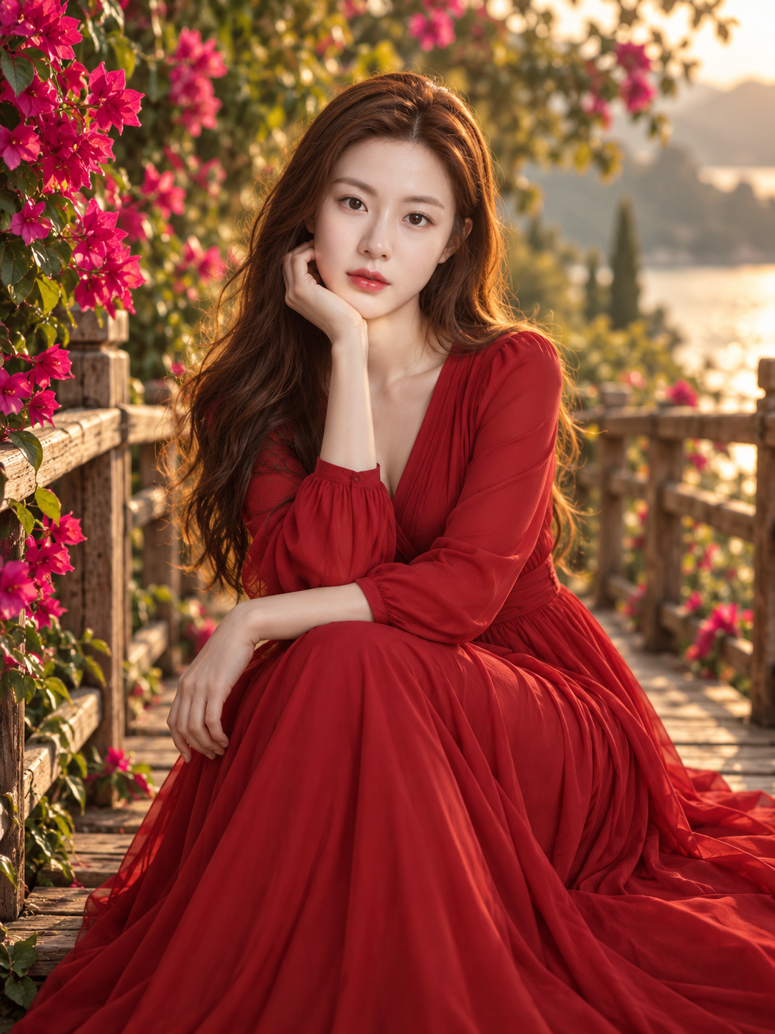 花园木桥上的绯红礼服成年女性肖像 — AI image creation