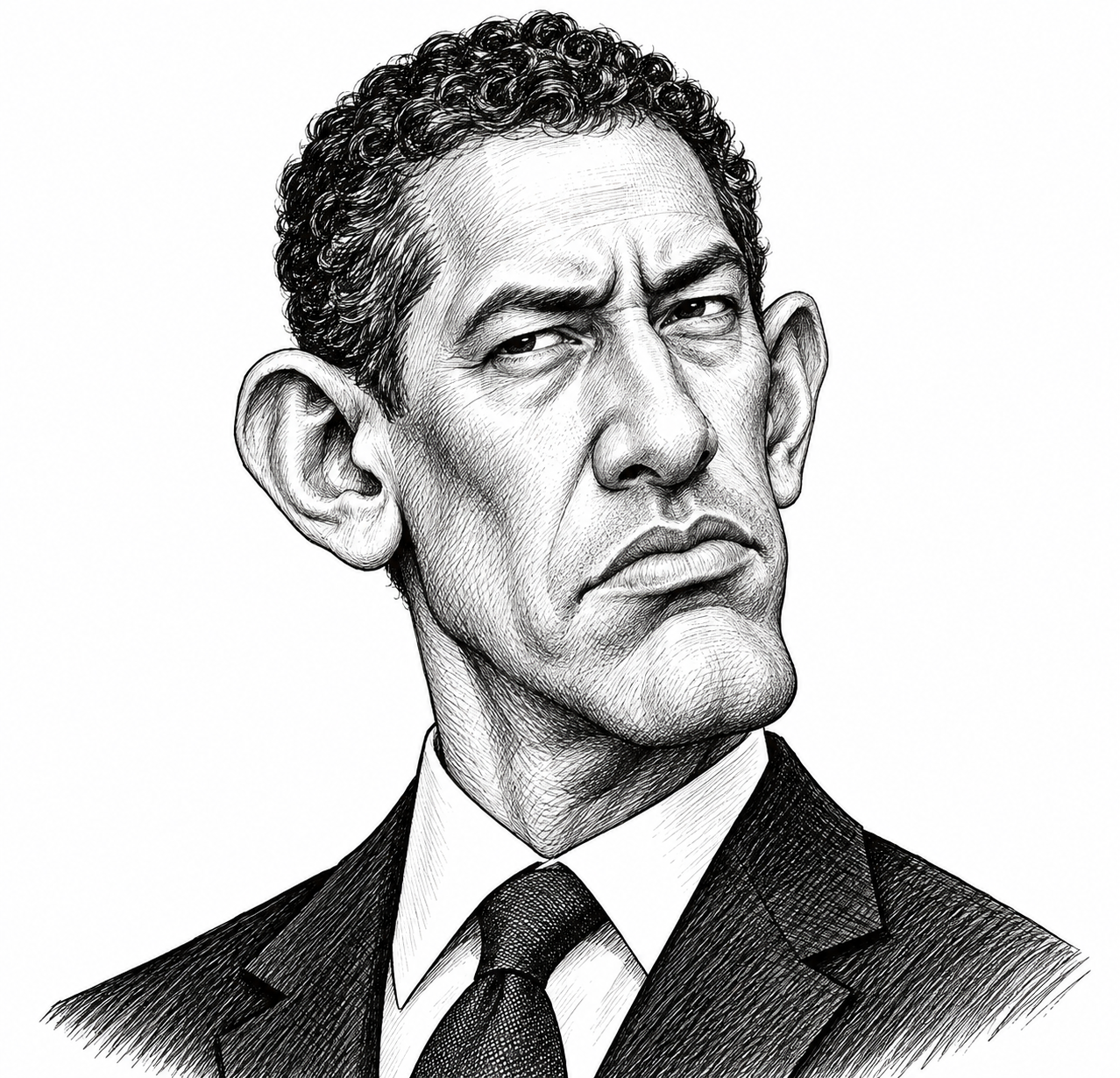 Portrait de caricature politique à l'encre noire et blanche
