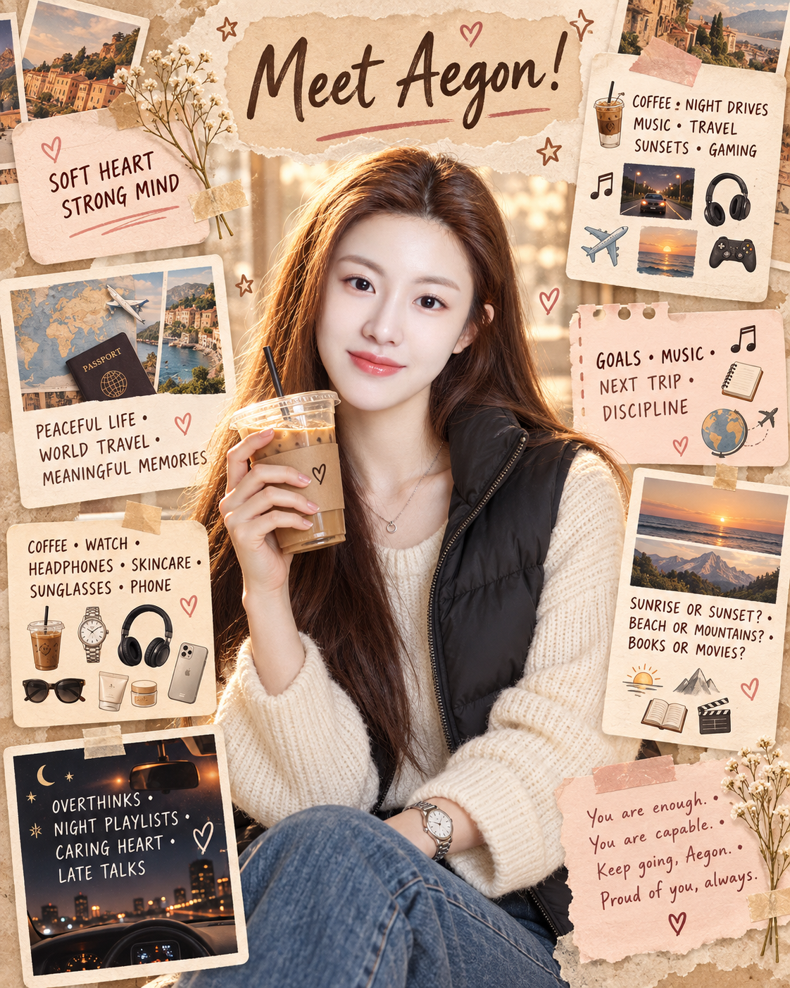 Aegon成年女性角色介绍的暖米色手账拼贴海报 — AI image creation