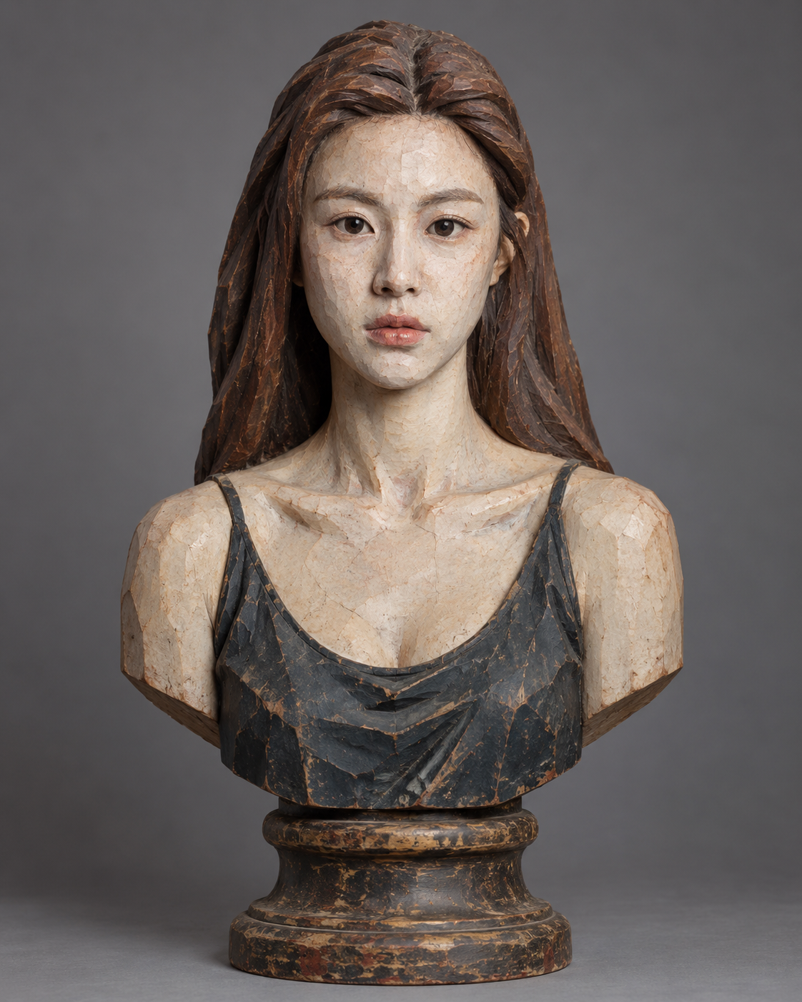 斑驳彩绘木雕艺术半身像 — AI image creation