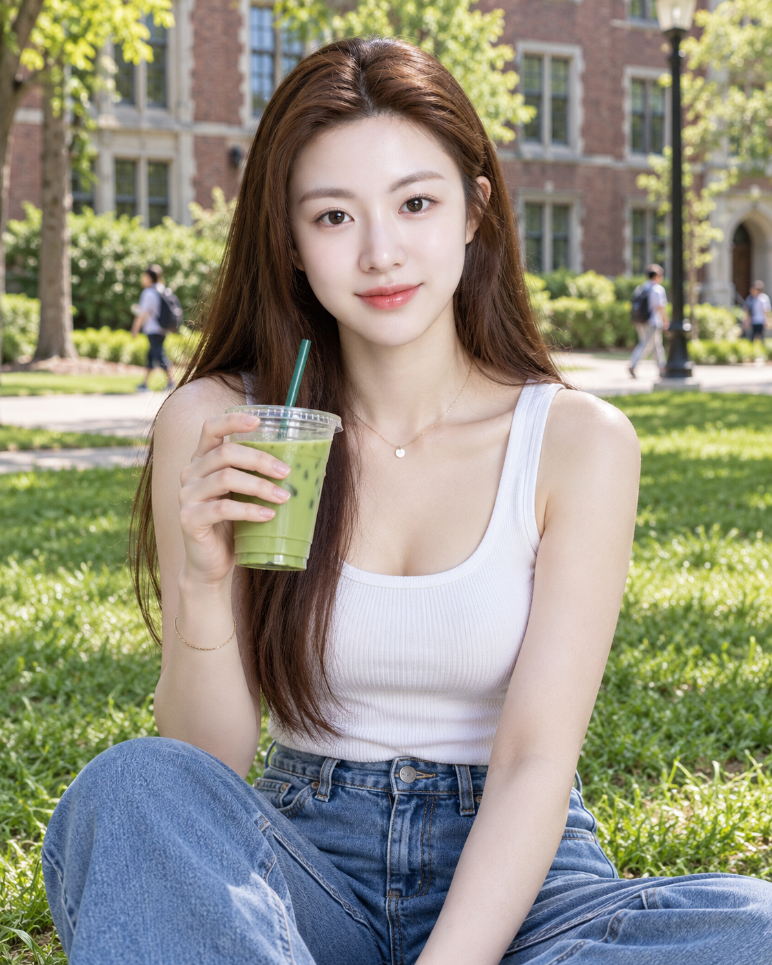 校园草地上的成年女性与冰饮肖像 — AI image creation