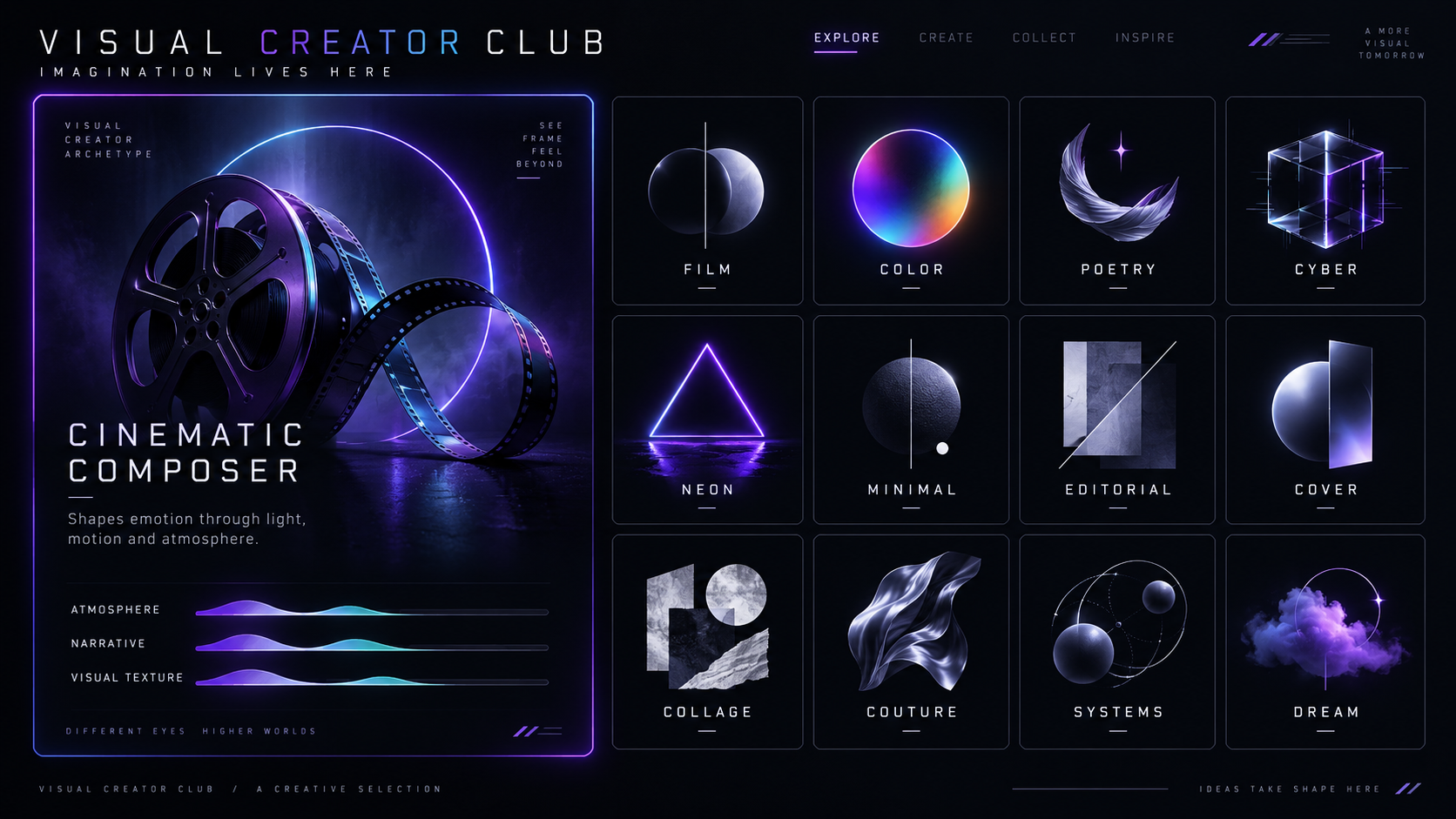虚构视觉创作者俱乐部选择界面概念 — AI image creation
