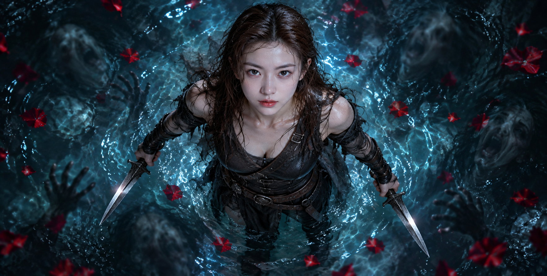 黑暗奇幻冰蓝水面上的成年女战士 — AI image creation