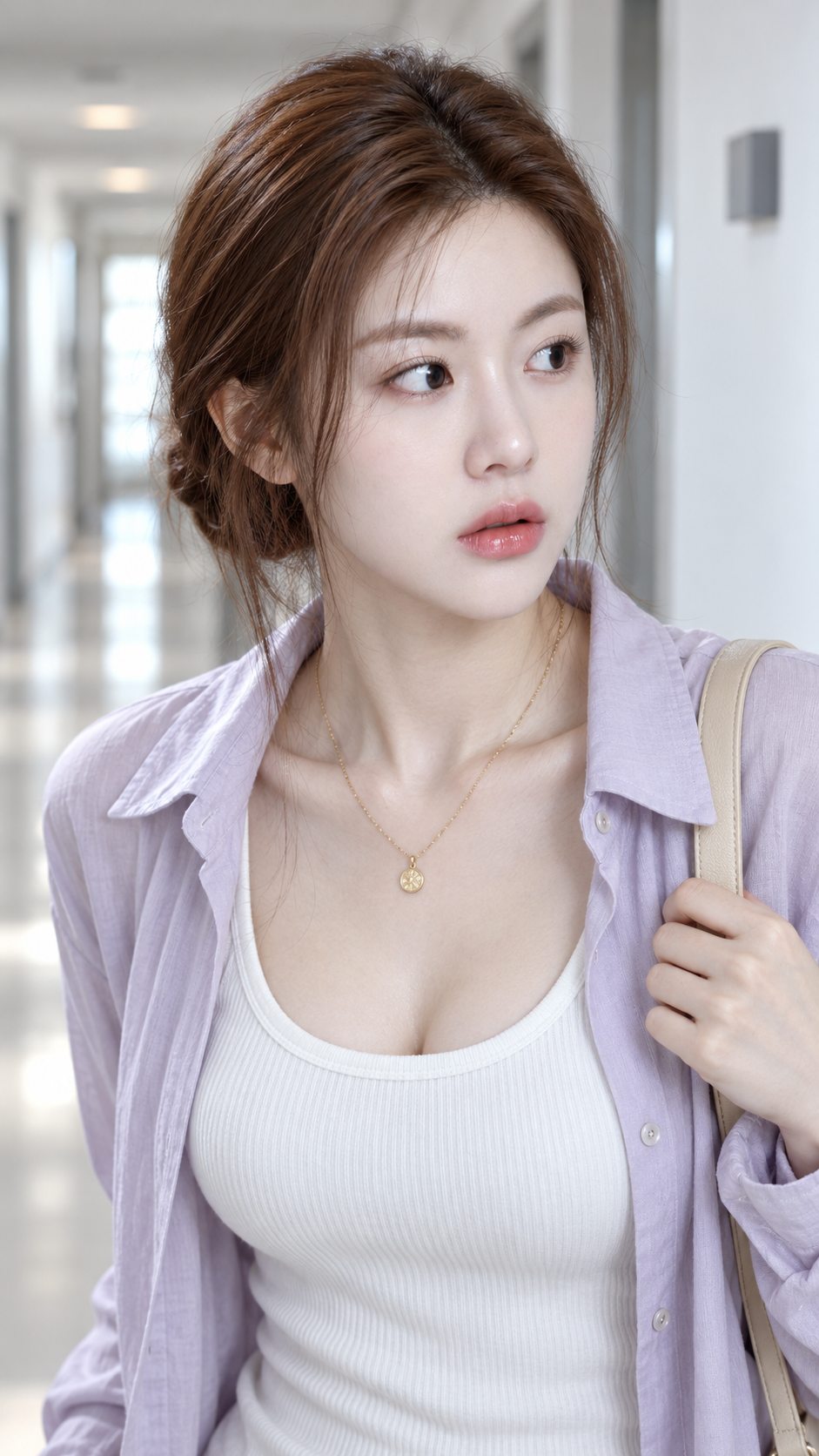 Người phụ nữ trưởng thành nhìn sang bên trong hành lang sáng