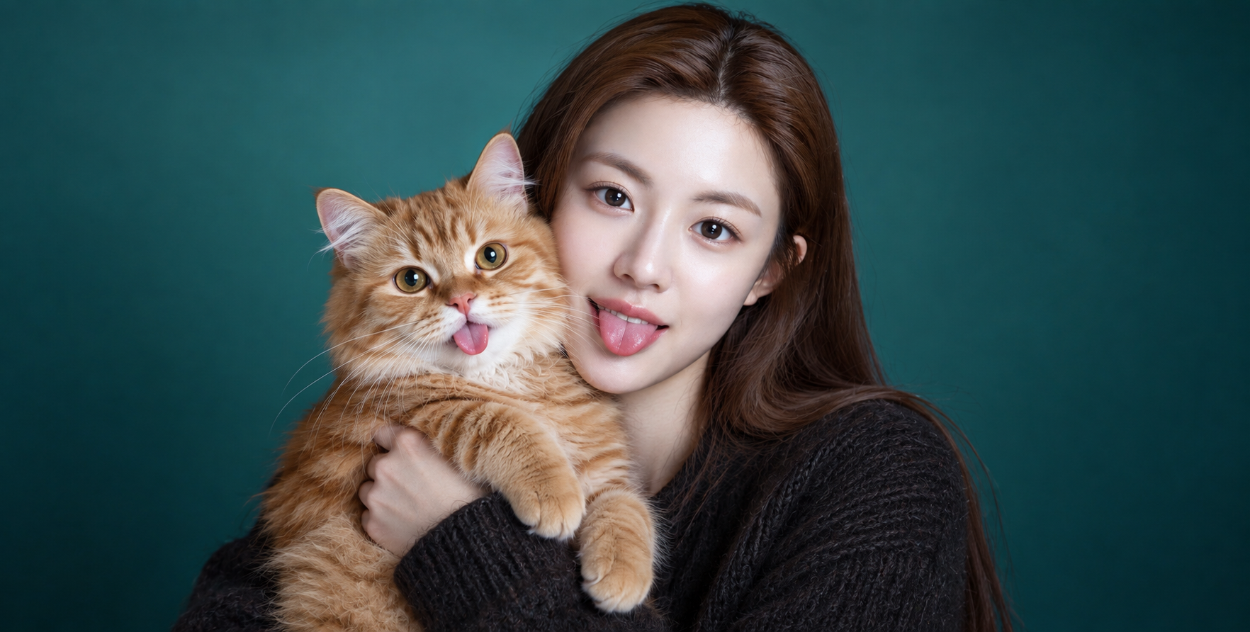 成年女子与橘猫的俏皮棚拍 — AI image creation