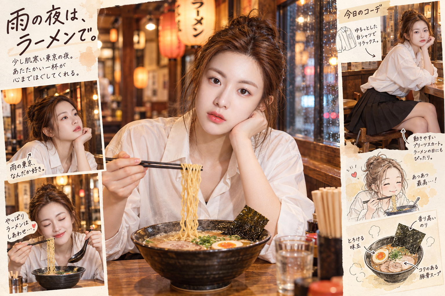 成年女性东京拉面馆日系杂志手帐人像 — AI image creation