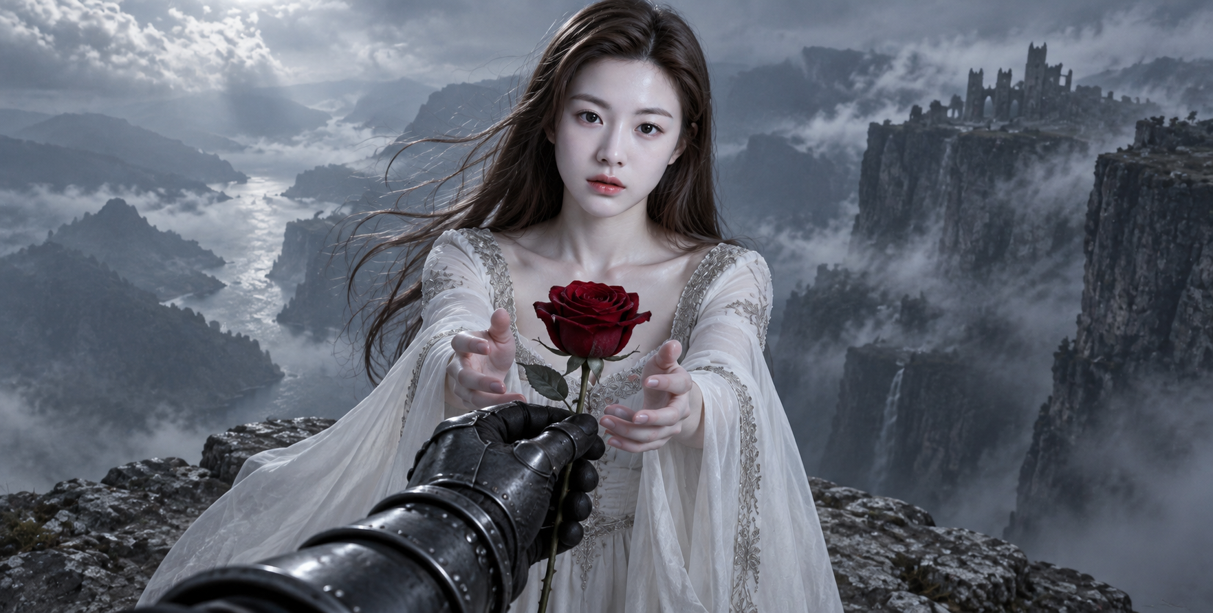 雾崖边递来的深红玫瑰 — AI image creation