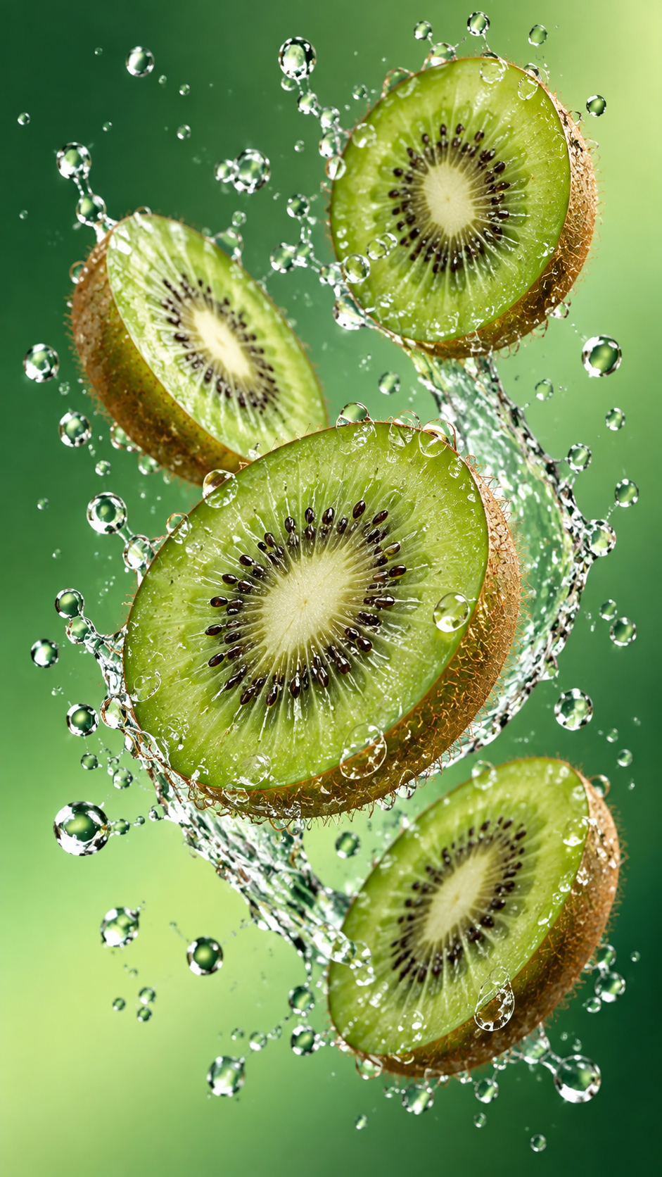 绿渐变背景中的奇异果切片与飞溅水珠 — AI image creation