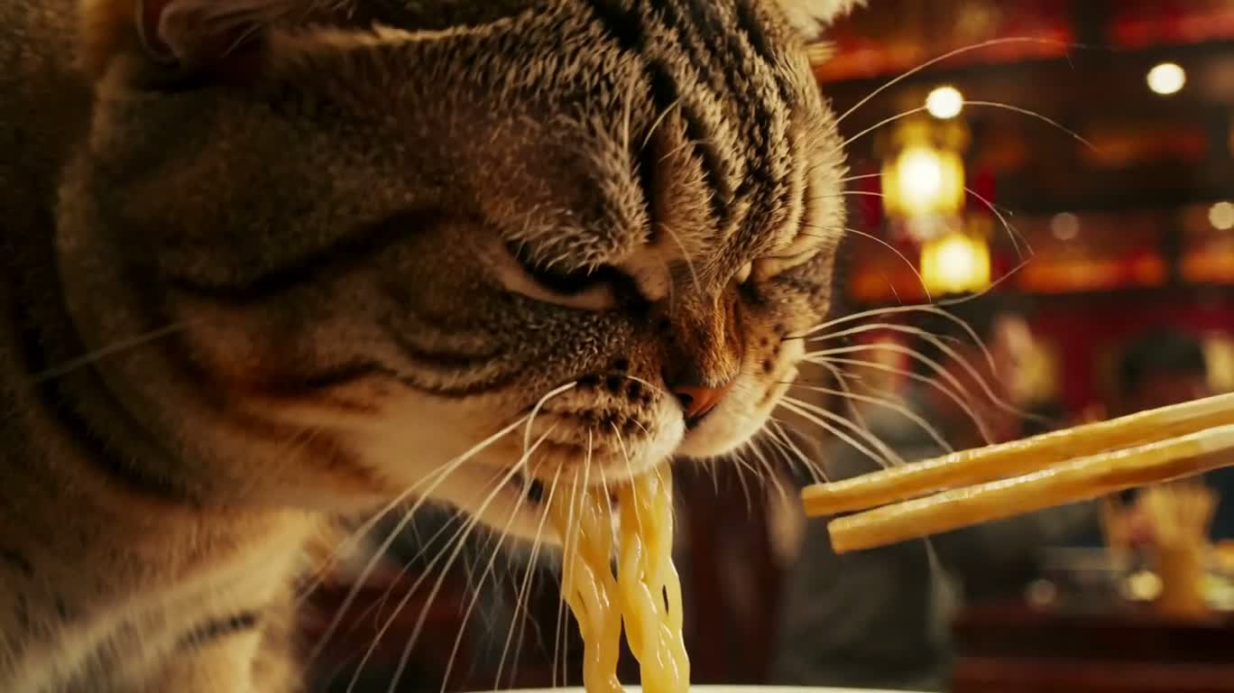 箸でラーメンを食べる猫 — AI video creation