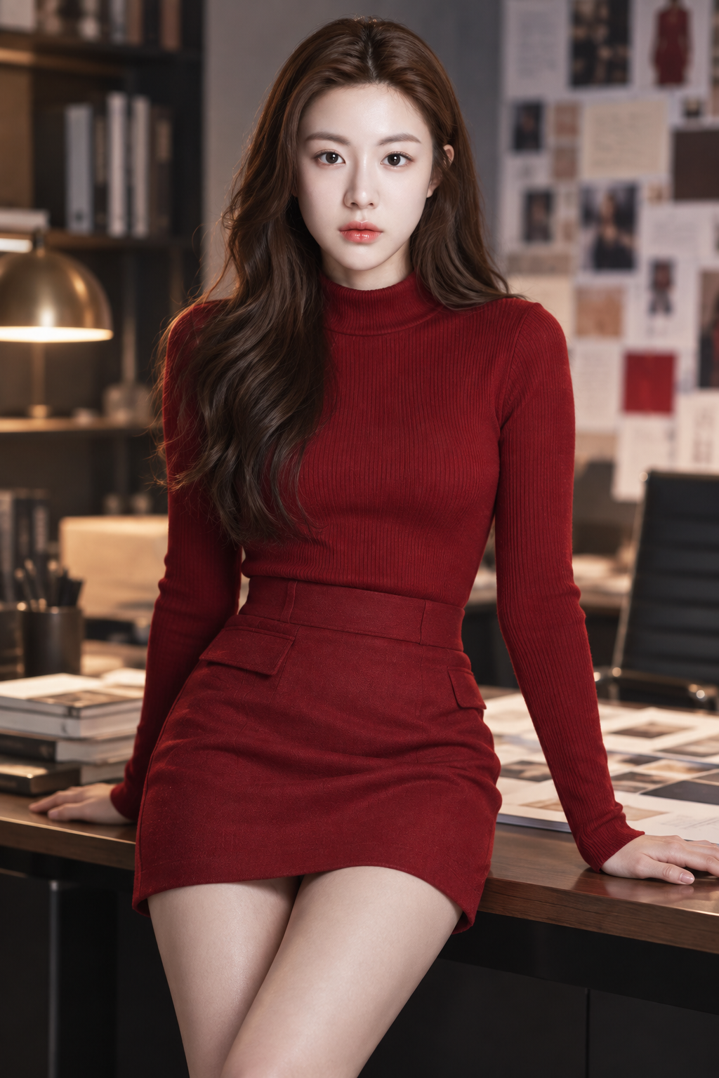 深红两件式成年女性时尚编辑肖像 — AI image creation