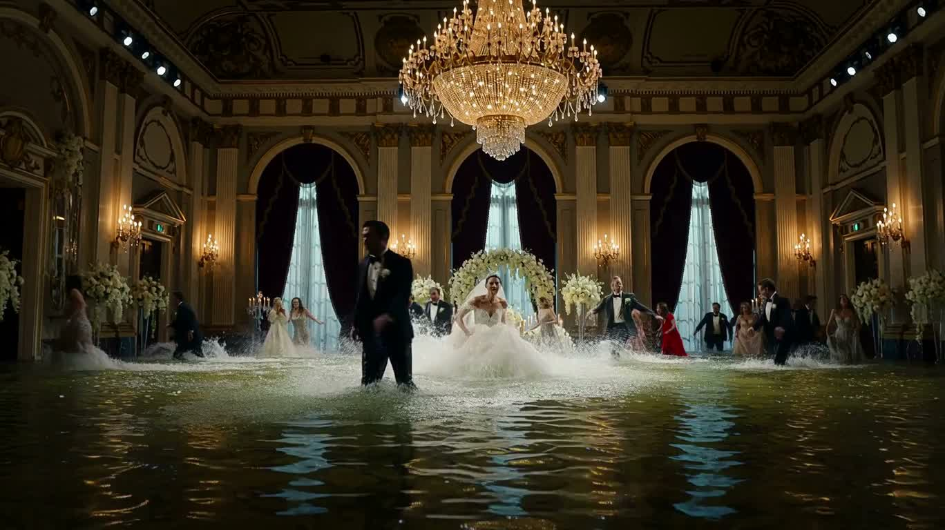 洪水中的婚礼大厅惊魂 — AI video creation