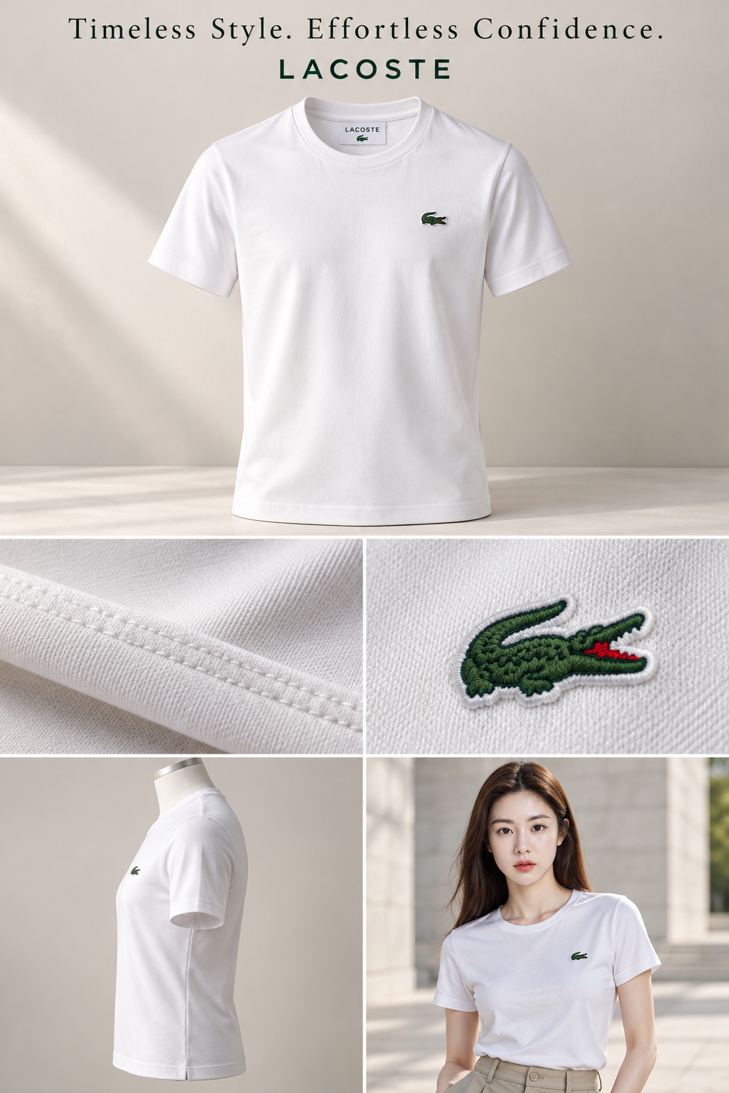 Bố cục quảng cáo thời trang tối giản cho áo thun Lacoste kinh điển