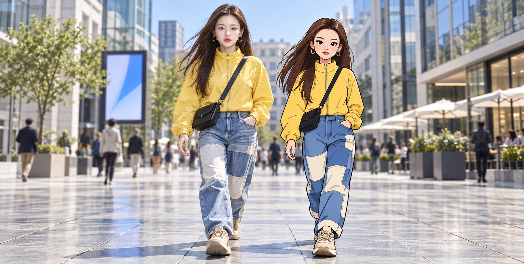 成年女性与原创卡通分身的欧洲广场街拍 — AI image creation