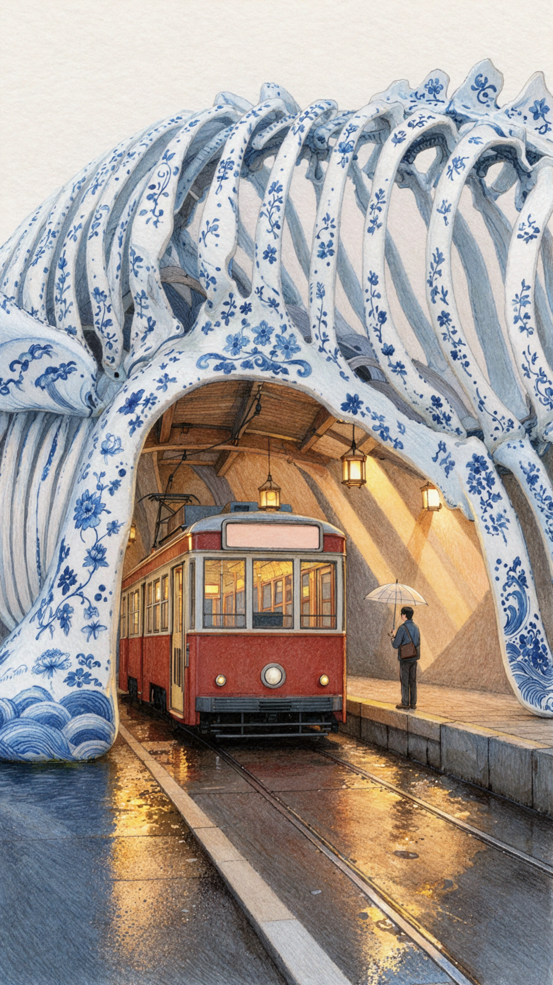 Arrêt de tram en os de baleine céladon · Crayon de couleur — AI image creation