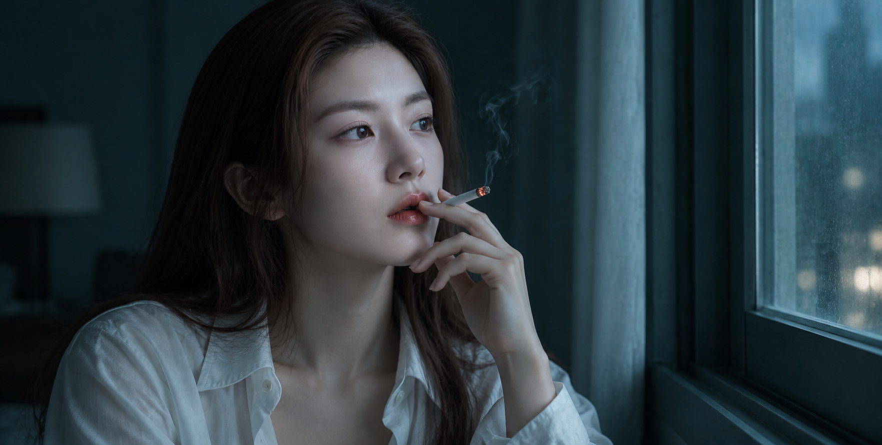暗室窗前的青绿色忧郁吸烟肖像 — AI image creation