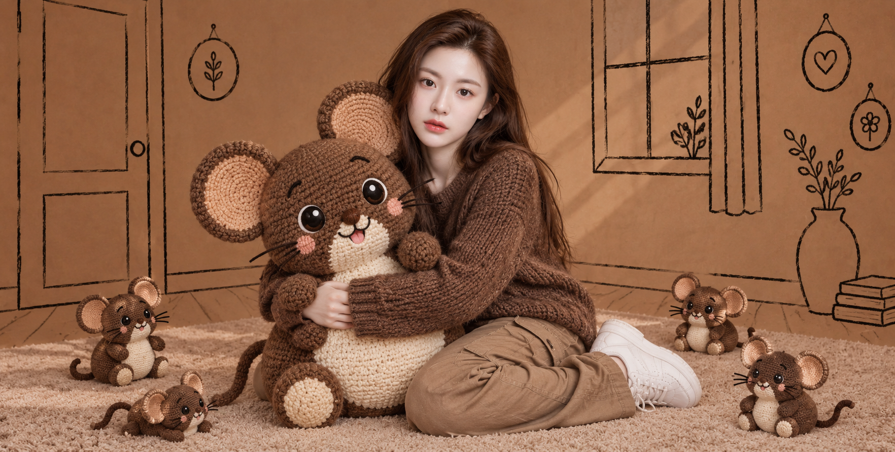 따뜻한 갈색 손그림 방 안의 뜨개 인형 쥐 초상화