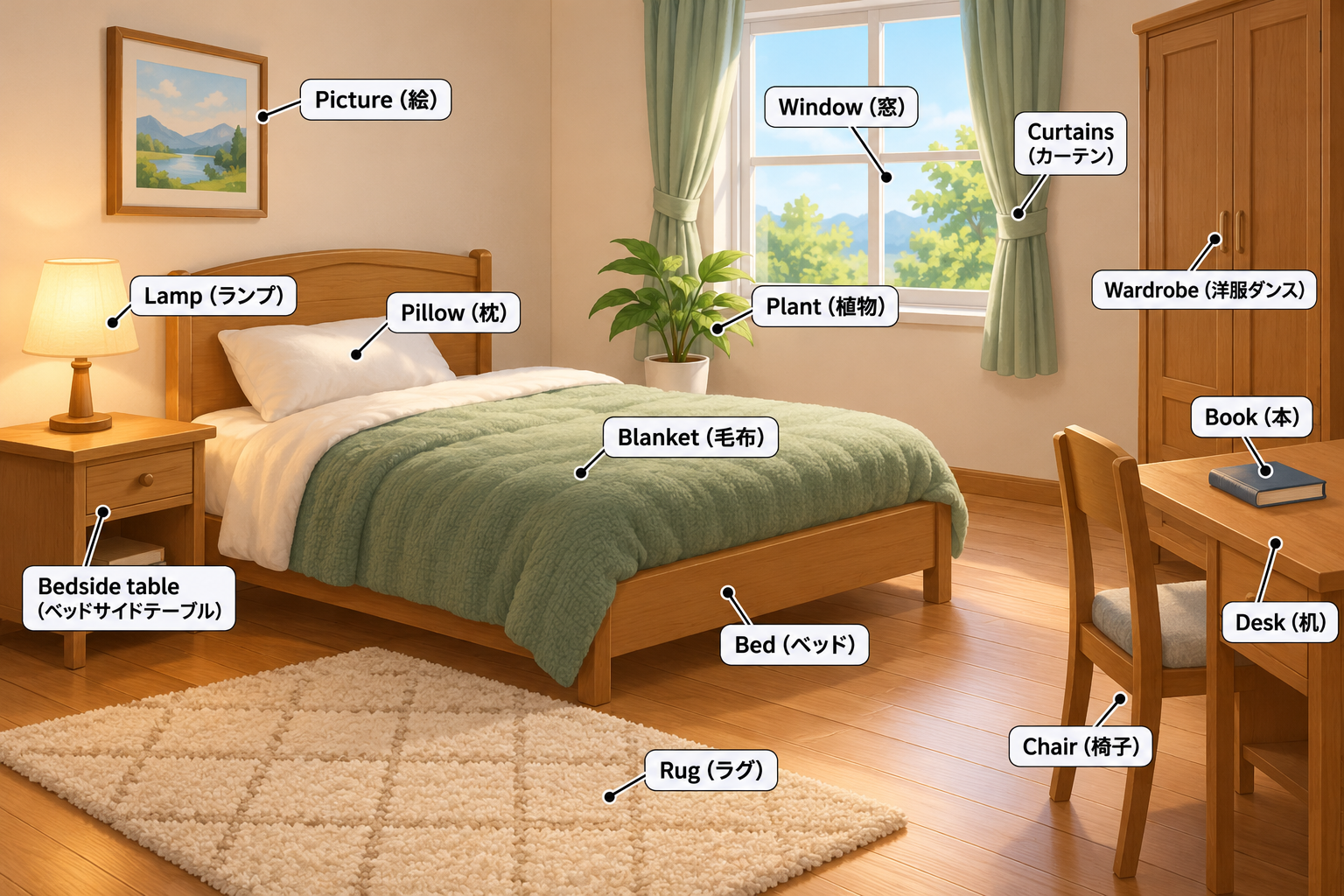 卧室插图:英文(日文)物品标签 — AI image creation