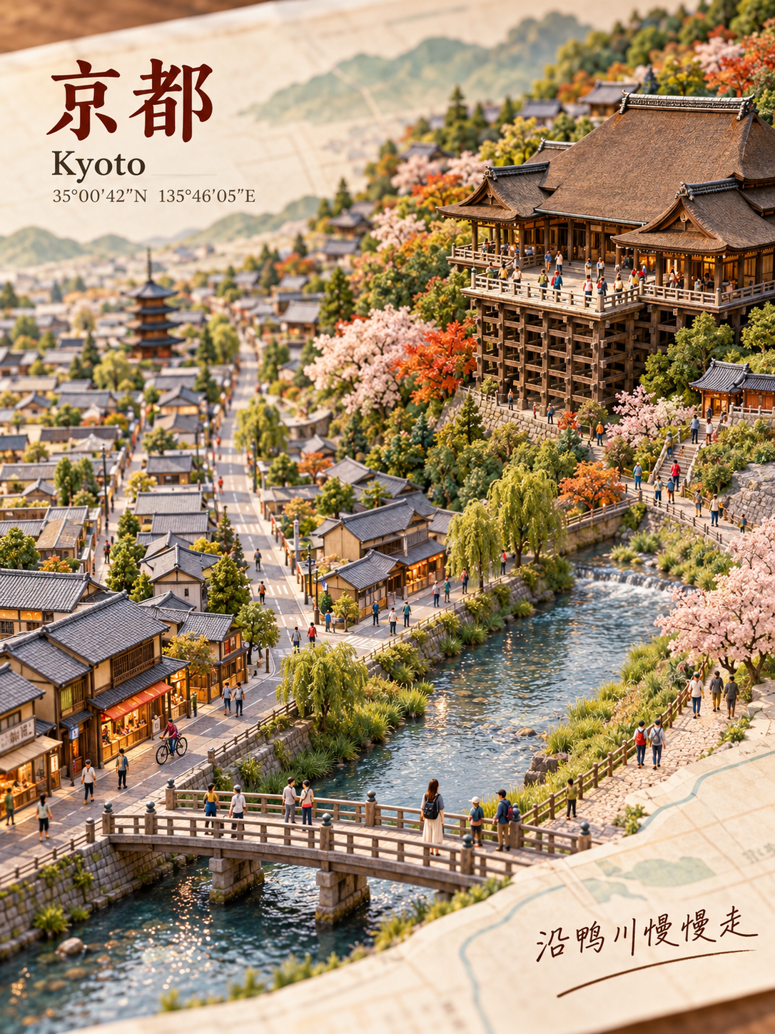 京都纸上生长的3:4微缩城市旅行封面 — AI image creation
