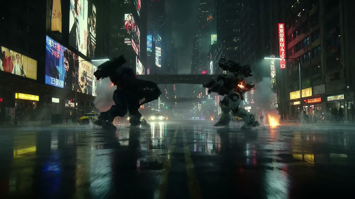 霓虹暴雨机甲决战 — AI video creation