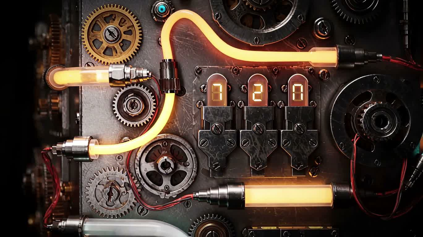 Panneau mécanique de science-fiction aux engrenages néon — AI video creation