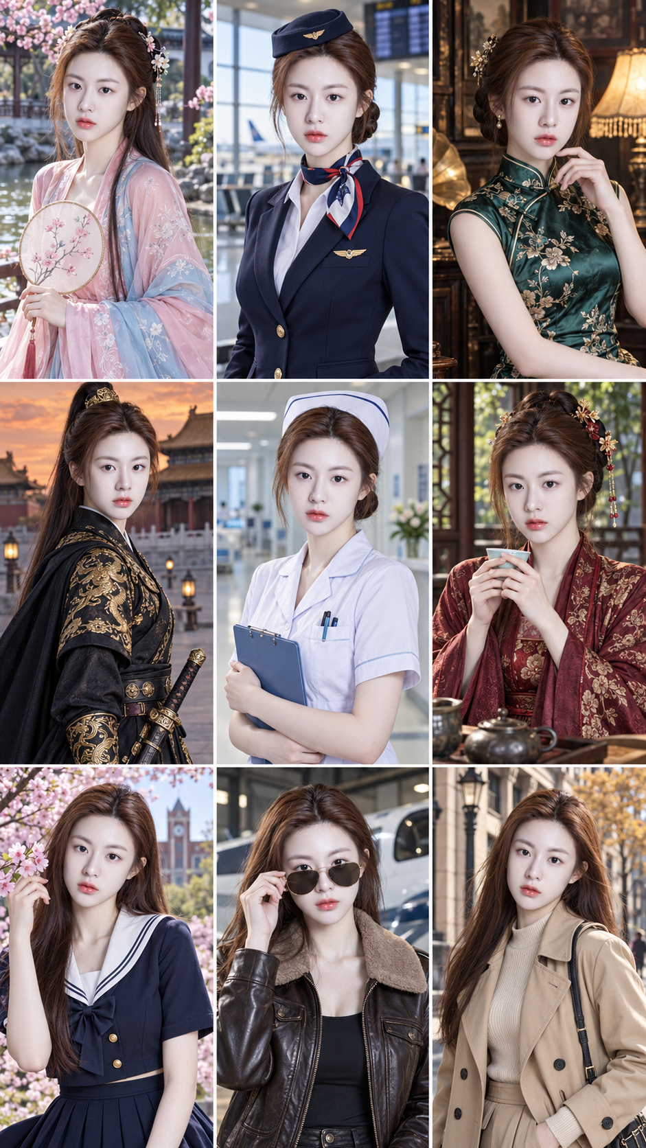 Collage du même personnage en neuf tenues et scènes