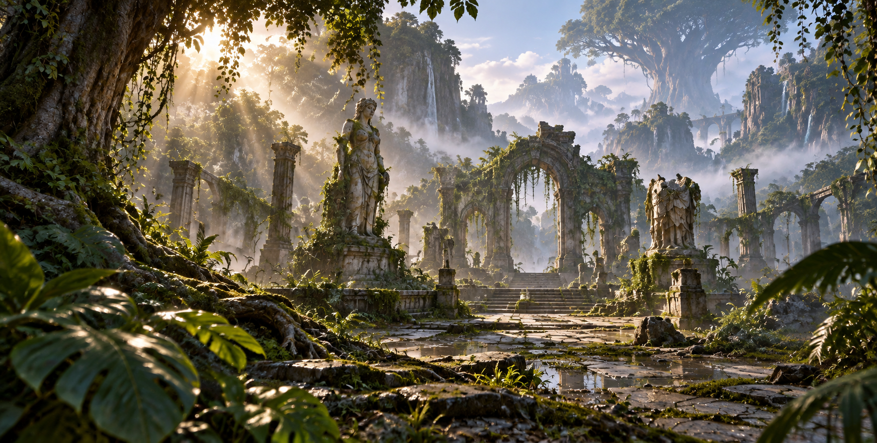 破晓晨光中的远古丛林废墟 — AI image creation