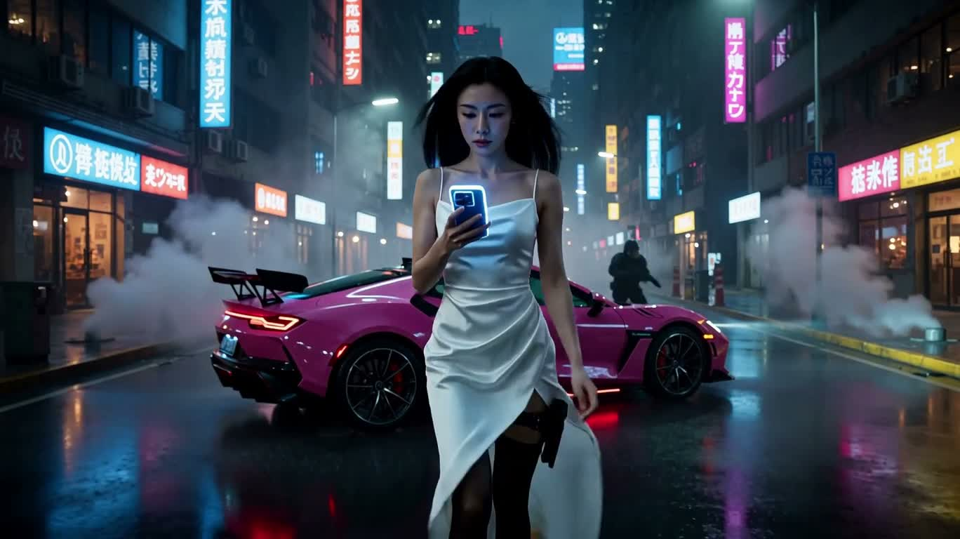 霓虹雨夜的粉色跑车追逐