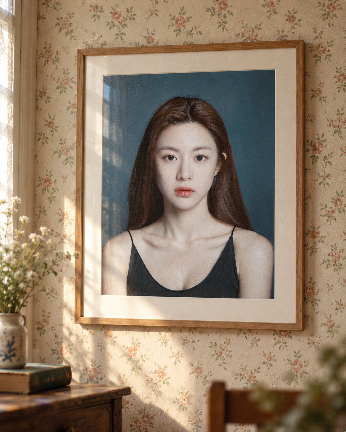 碎花墙面上的装裱画作胶片感静物照 — AI image creation