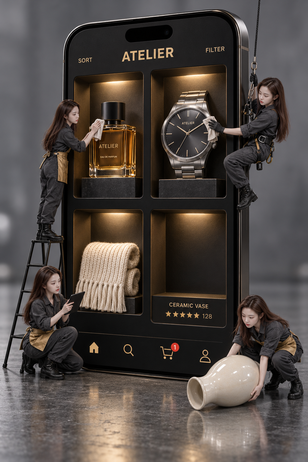 거대한 스마트폰 4칸 미니어처 상품 진열장