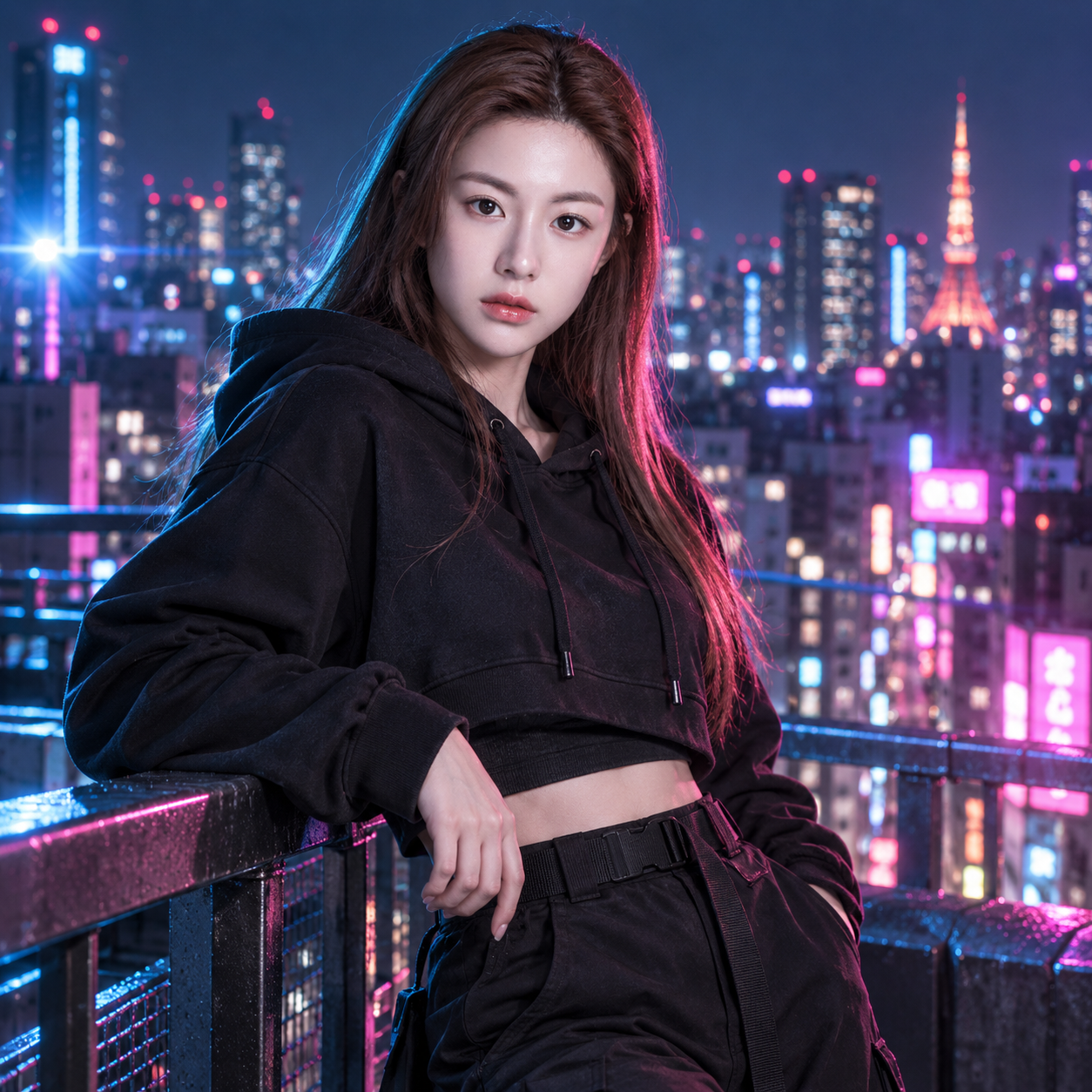 东京霓虹夜幕下的街头少女 — AI image creation