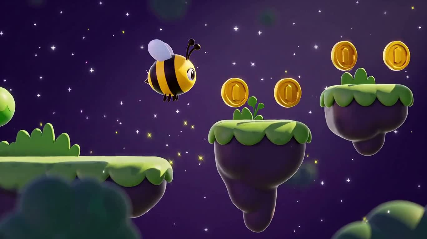 紫・金・緑の星空を跳ねる蜂の冒険 — AI video prompt