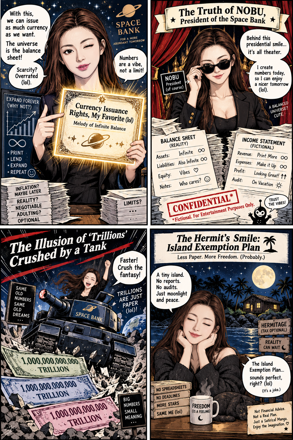 虚构宇宙银行的万亿货币幻象四格漫画 — AI image creation