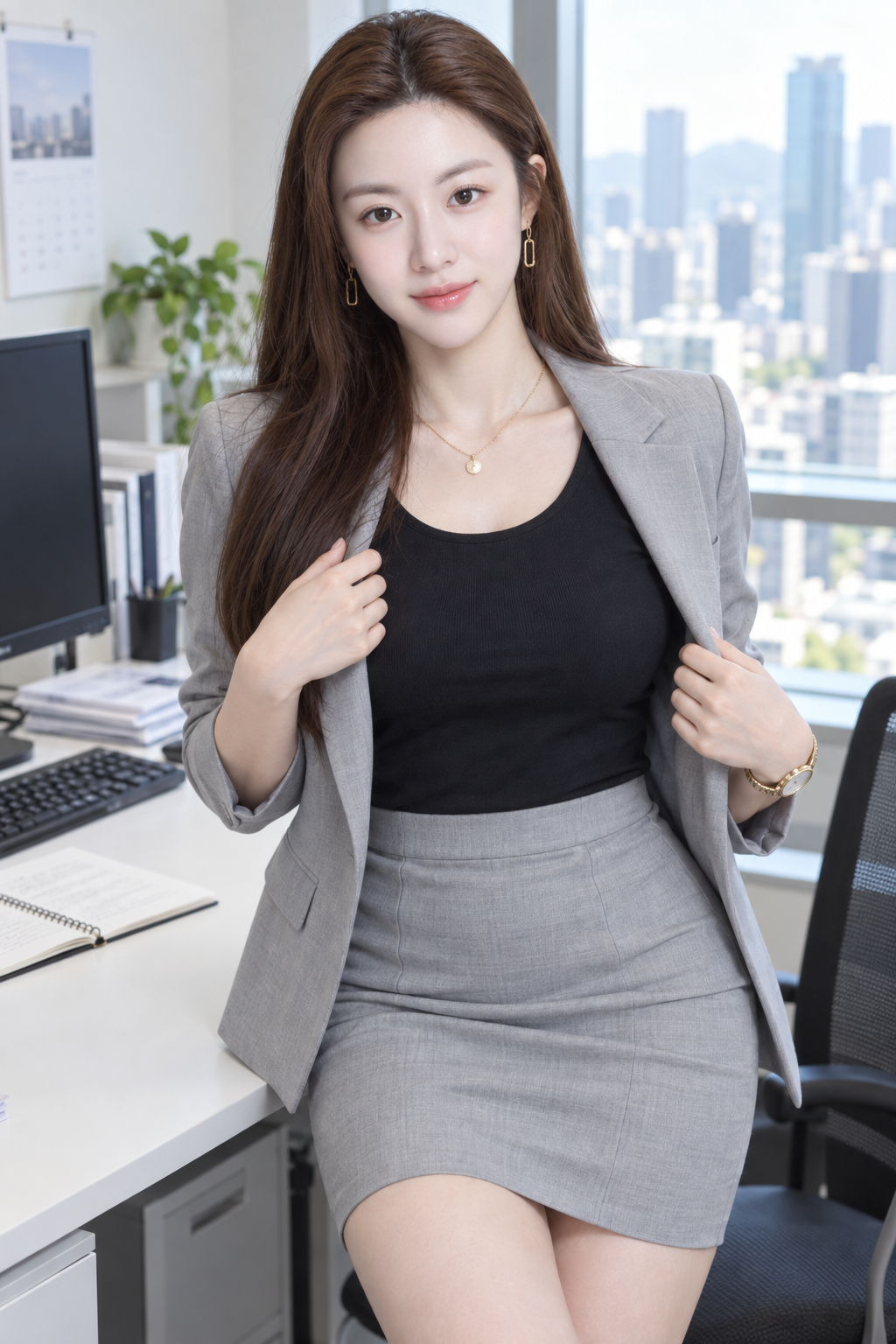 办公室害羞微笑的东亚女性职场写真 — AI image creation
